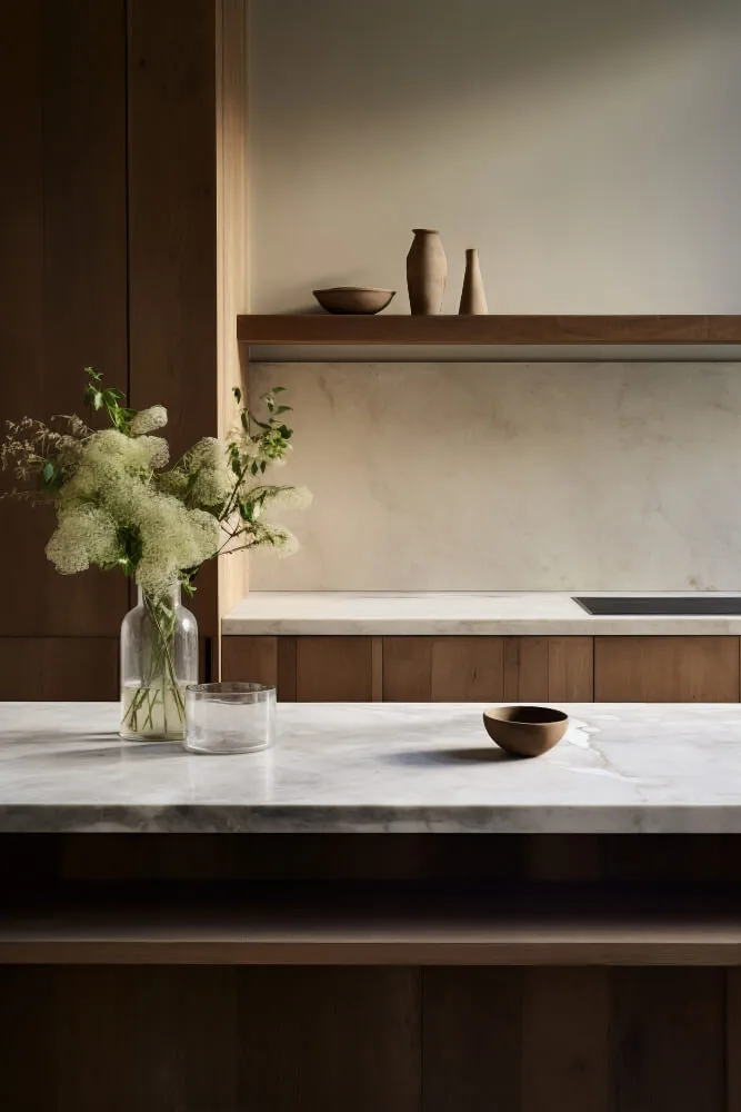 Cocina amplia con isla revestida en piedra